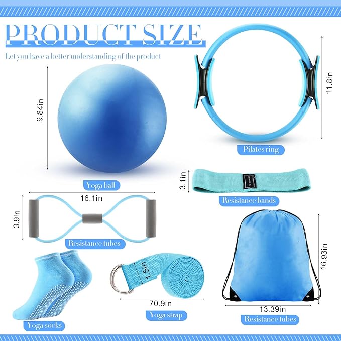 Poen Pilates Equipment Kit for Home Workout Pilates Ring and Ball Set for Women 12'' Circle Yoga Fitness Essentials Kit with Resistance Bands, Yoga Strap, Socks,Bag