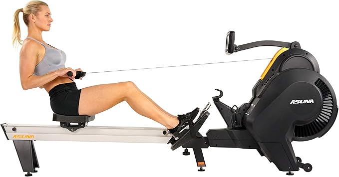 Sunny Health & Fitness AeroForce Fan Rower, Commercial Grade Rowing Machine with Performance Monitor, Long Foldable Rail for Home Cardio Training, Optional Dual Resistance