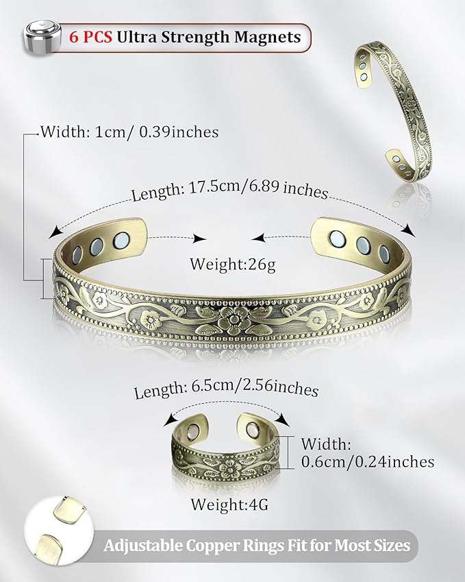 BioMag Copper Bracelet & Ring for Women, 99.99% Pure Copper Magnetic Bracelet Lymphatic Drainage Rings with 3500 Gauss Magnets, Adjustable & Flower Pattern (Antique Bronze Tone)