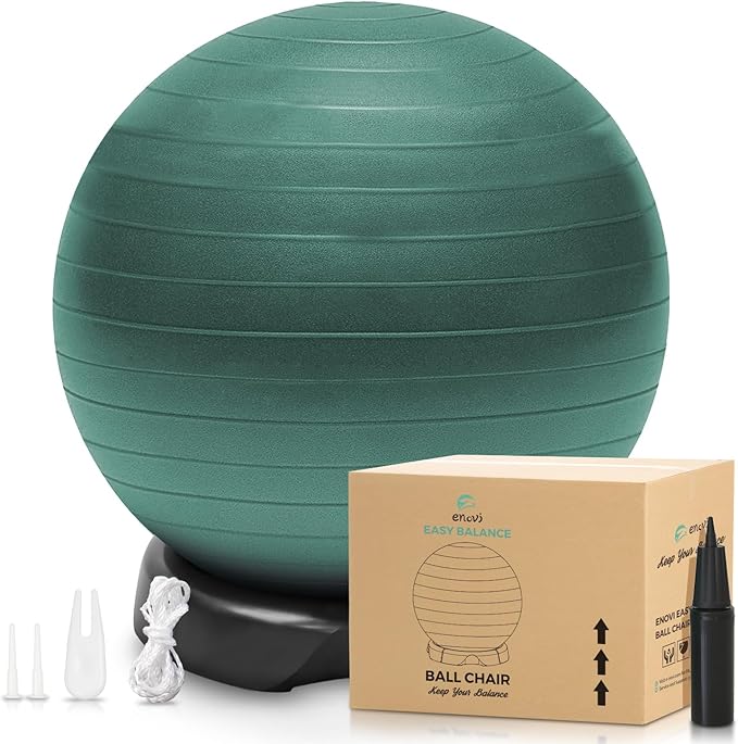 EasyBalance Exercise Ball, Yoga Ball, with Base & Pump Set, 65cm, Pineneedle Green