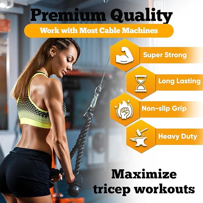 Double Length Tricep Rope for Cable Machines - 55 Inch Heavy Duty Pulldown Attachment, 4ft 7in Gym Strength Training Accessory & Home Workout Equipment