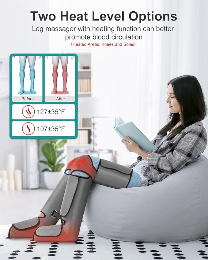 Nekteck Leg Massager for Circulation and Pain Relief, Air Compression Foot Calf Thigh Massager with 2 Heat and 3 Vibration Functions, 6 Modes 3 Intensities, Help for Muscles Relaxation