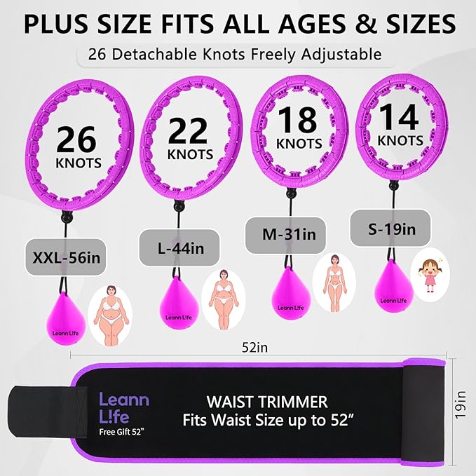 U2-26 Knots 19”- 56”, Weighted Hula Hoop for Adults Weight Loss, Infinity Hoop Plus Size, Children Adults Home Outdoors, Fun Fitness Exercise, Abdominal Toner,Free Waist Trimmer&Wash Bag