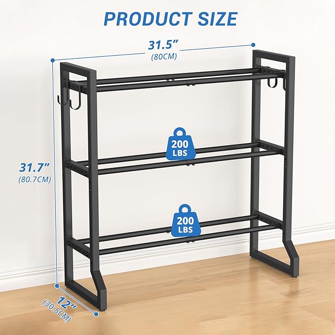 VOPEAK 3-Tier Adjustable Dumbbell Rack, 31-Inch Weight Rack for Home Gym with 4 Hooks, Home Gym Storage for Kettlebells, Space-Saving Dumbbell Stand - 400LB Capacity (Rack Only)