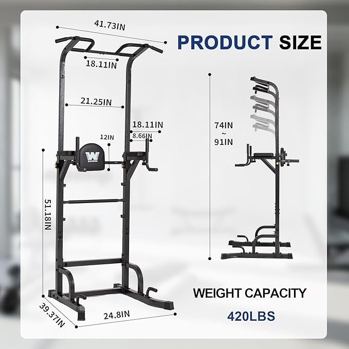 BARWING Power Tower Pull Up Bar Station Adjustable Height Dip Bar Station for Home Gym Strength Training Workout Equipment 550LBS