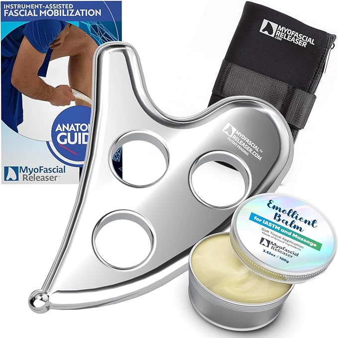 Professional Muscle Scraper Tool – Medical-Grade 304 SS IASTM & Gua Sha Scraping Tool – Ergonomic Fascia Mobilization Instrument for Soft Tissue Massage & Manual Bodywork – Emollient Balm Included