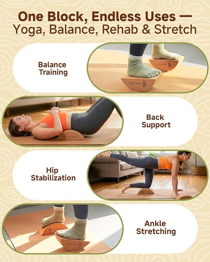 Rocalt Cork Yoga Blocks, Half Moon Yoga Block & Calf Stretching, Cork Foot Stretcher for Plantar Fasciitis Relief, Ankle Stretcher Pilates Block, Improve Balance, Stability & Foot Mobility