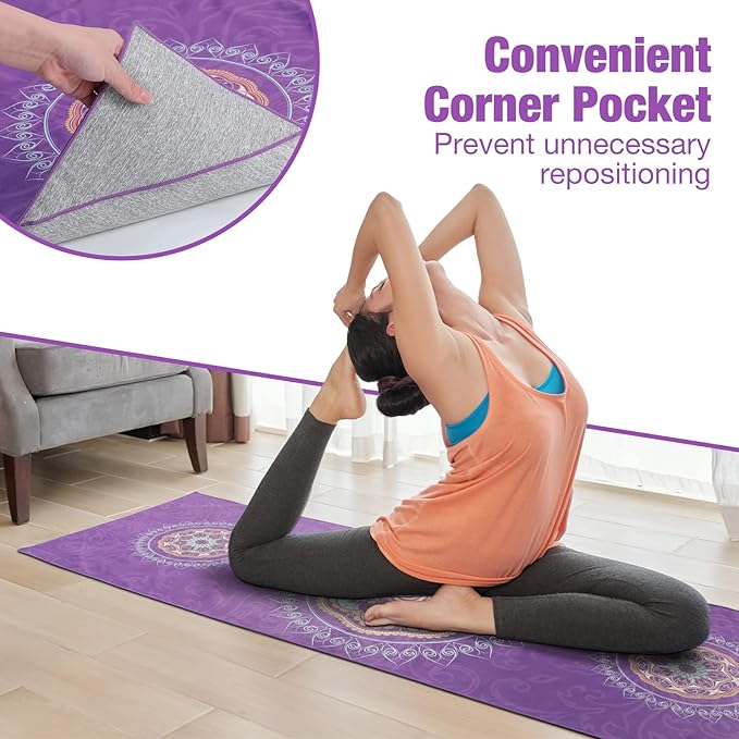 MoKo Yoga Towel, Non Slip Hot Yoga Mat Yoga Blanket Printing Pattern Quick Dry with Corner Pocket for Bikram, Pilates, Gym Workout, Outdoor Picnic, Purple Mandala