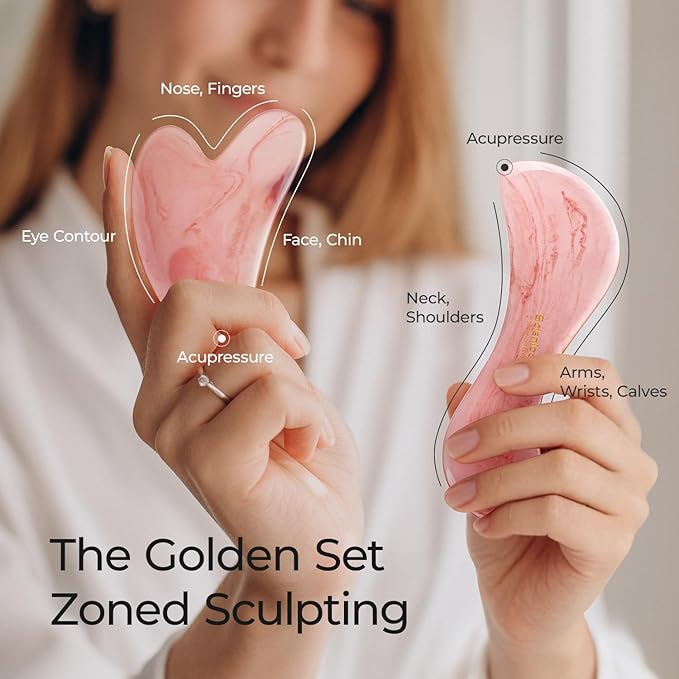 Scienlodic 2 Pcs Gua Sha Massage Tools for Face & Body (Pink, Resin) - Guasha Scraping Tool for Jawline Contouring, Puffiness Reduction, Neck, Shoulders, Arms & Calves Relaxation
