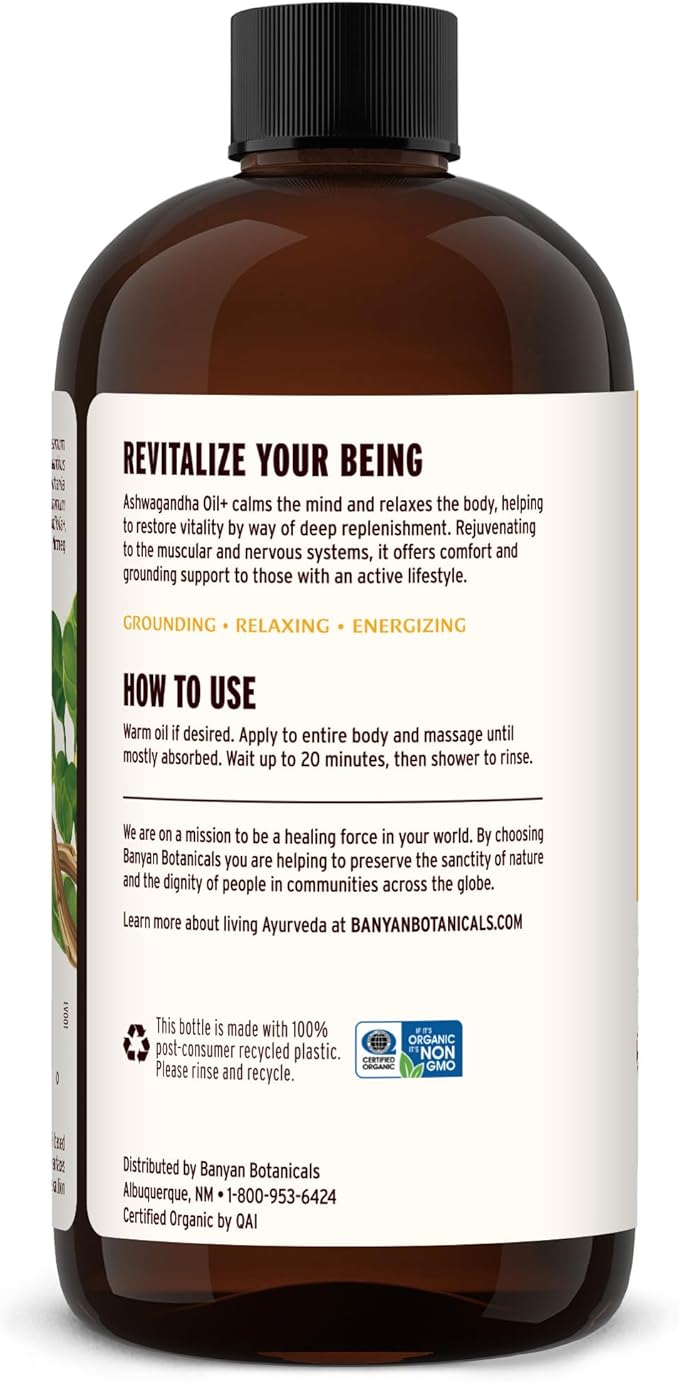 Banyan Botanicals Ashwagandha Oil+ – Organic Herbal Oil – Comforting Sore Muscle Massage Oil for Post-Workout Recovery – 24 oz – Non GMO Sustainably Sourced Ayurvedic Physician Formulated