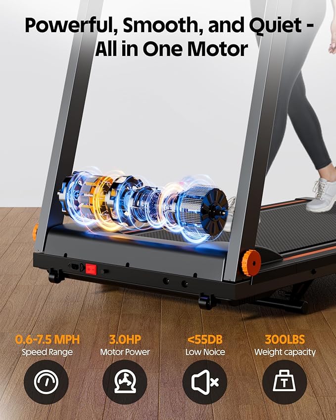DeerRun Foldable Treadmill for Home with 5% Manual Incline and Handlebar, 0.6–7.5 MPH for Walking and Running, 3.0 HP, 300 lb Capacity, App & Remote Control