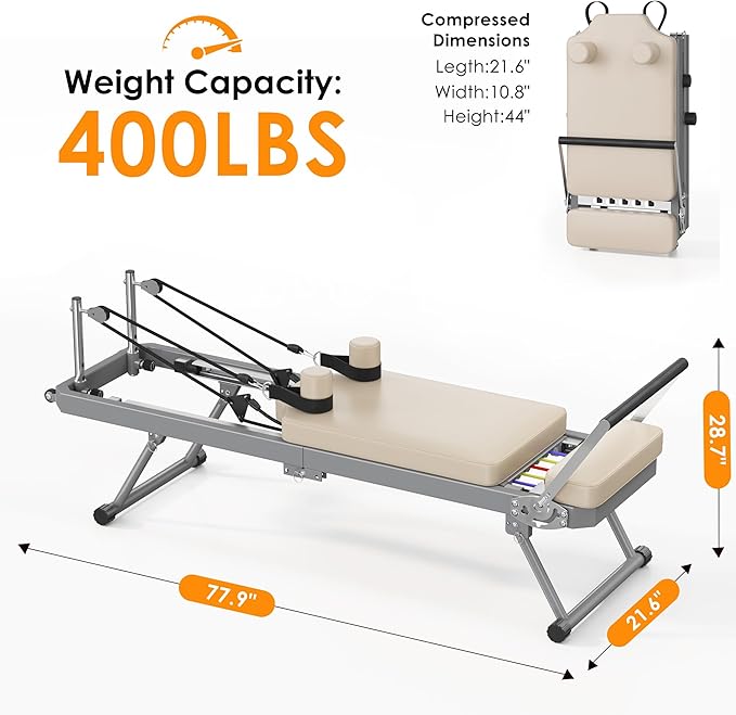 SogesPower Pilates Reformer Machine for Home Gym Workout, Foldable Pilates Equipment with High Strength Alloy Springs for Beginners, Up to 400lbs