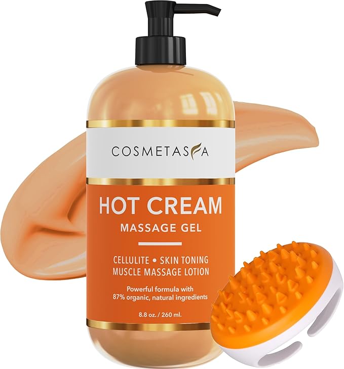 Cosmetasa Hot Cream Massage Gel with Massager Mitt- Natural and 87% Organic Cellulite Cream - Multi Use, Skin Toning, Joints and Muscle - 8.8 oz