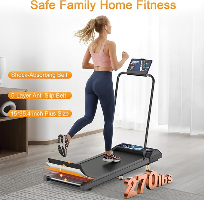 Treadmills for Home Small with 0%-8% Incline and APP Sync, Compact Under Desk Walking Treadmill Pad with Handle Bar Removable, Remote Control and LED Display, 2.5HP