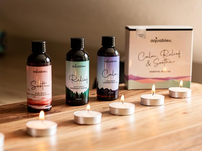 Essential Massage Oil Gift Set - Serenity Trio Sooth, Calm, Relief Includes Lavender, Peppermint & Eucalyptus Massage Oil Blends 80 ML in Beautiful Packaging - Great Gift for Women