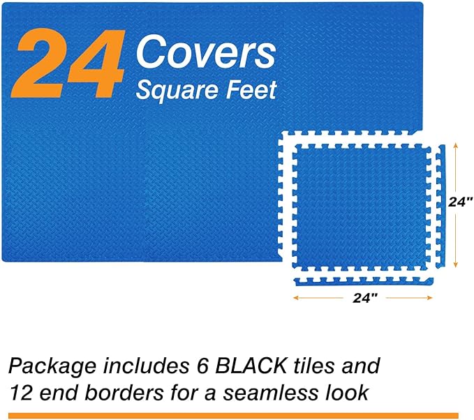 Mat Block Interlocking Foam Tiles Puzzle Mats for Floor 24 SQ FT, 1/2 inch, 6 Tiles, EVA Gym Mat Flooring Exercise Equipment Mat for Home Gym Equipment, Blue