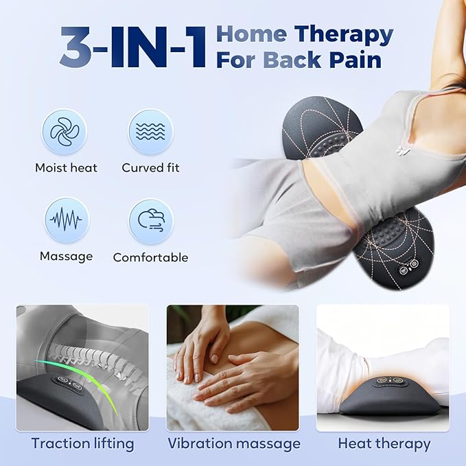 Smooth Triple Fusion Back Massager, 2026 Upgrade 3 in 1 Lumbar Pillow for Bed and Chair, Back Massager with Vibration and Traction Against Pain for Back and Neck and Shoulder (Light Gray)