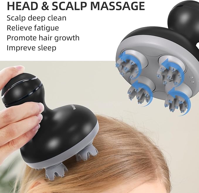 cotsoco Electric Scalp Head & Back Massager, Cordless Hair Massage Waterproof Head Massager with 4 Heads 84 Nodes for Hair Growth, Stress Relief & Deep Clean, Gifts for Men Women, Black