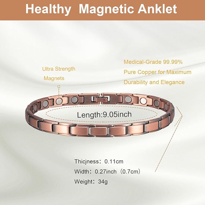 Copper Ankle Bracelets for Women for Arthritis, 9.44inch Pure Copper Magnetic Anklet, with 3500 Gauss Magnets, Copper Jewelry Gifts