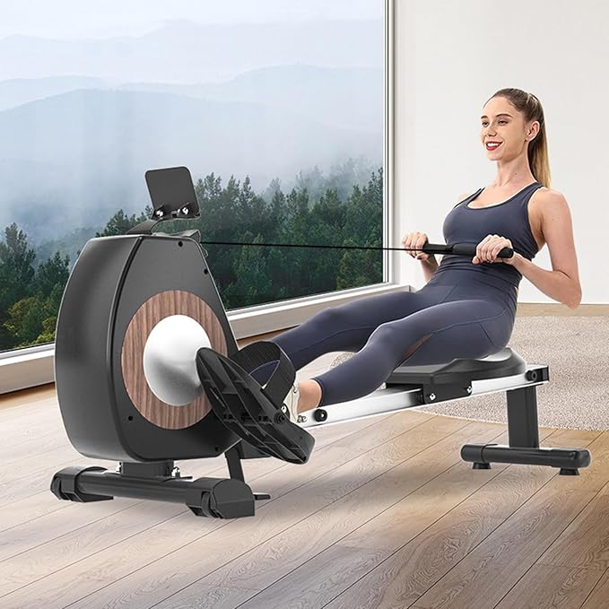 Rowing Machine Magnetic Rower Machines for Home Cardio Training 8 Levels Resistance, Single Slide Rail with Tablet Holder LCD Monitor, Max 350lb Weight Capacity, App Compatible