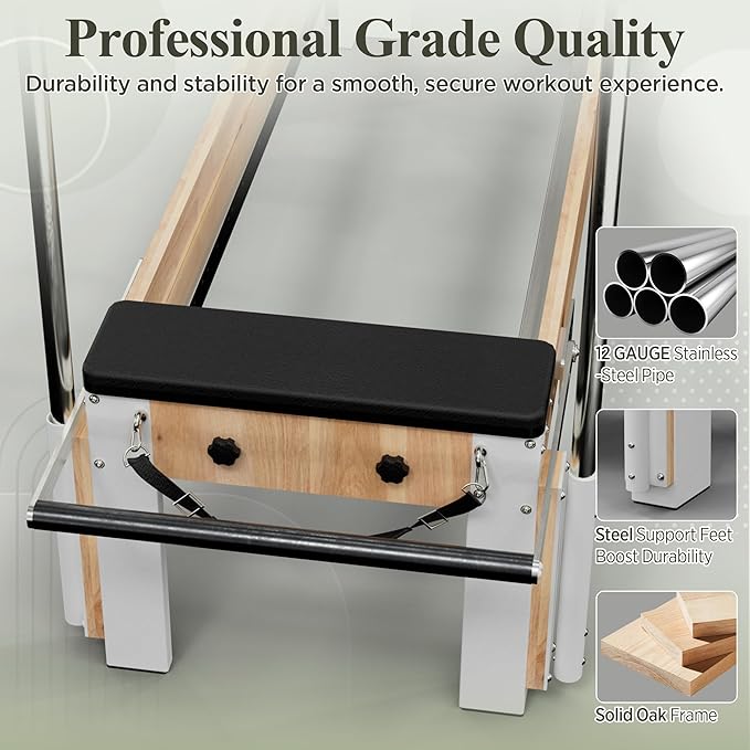 PAETA Pilates Reformer, Wooden Reformer Pilates Machine with Cadillac Trapeze Table, Pilates Equipment for Home Workout and Studio, Includes Sitting Box, Jumpboard