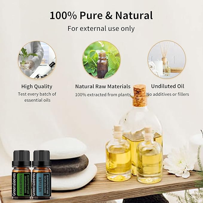GREENSLEEVES Vetiver Eucalyptus Essential Oil Set, 2 x 10ml Pure Plant-Based Fragrance Oil for Aromatherapy, Essential Oils for Diffuser, Massage, Bath Bomb, Scented Candle Soap Making
