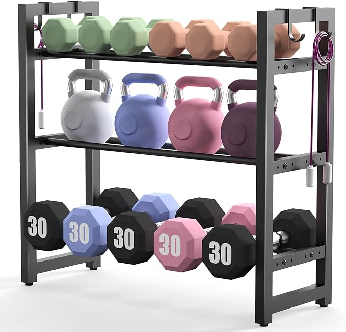 3 Tier Small Adjustable Dumbbell Rack, 390LBS Heavy Duty Weight Storage Rack with Side Hooks, Space-Saving Weight Rack for Home Gym (Rack Only)