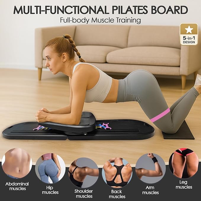 Pilates Board for Home Workout,Foldable Multifunctional Pilates Reformer Set with Timer,Resistance Bands & Storage Bag,Portable Pilates Equipment for Abs,Core & Full-Body Exercise