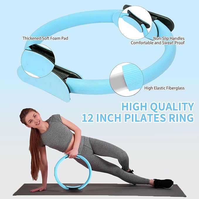 Pilates Essentials Kit for Home Women, Pilates Equipment for Workouts, 6 Fabric Resistance Bands, 12 Inch Magic Circle Yoga Ring, Mini Exercise Ball, Great Exercise Accessories