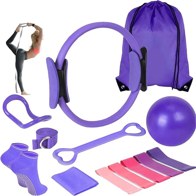 Pilates Essentials Kit for Women, Pilates Essentials Kit, 13 Piece Home Pilates Equipment Set Includes 𝐏𝐢𝐥𝐚𝐭𝐞𝐬 Ring Resistance Bands Yoga Ball, for Women's Home Workouts & Beginners