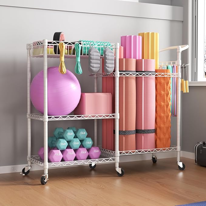 SINGAYE Dumbbell Rack Stand With Yoga Mat Storage, Gym Equipment Organizer, Cart for Workout Room, Home Gym With Hooks and Wheels