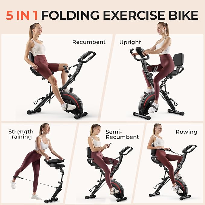Pleny Folding Exercise Bike, 5 IN 1 Stationary Bikes for Home 6.6 LBS Flywheel, 330LB Weight Capacity Back Support Cushion Indoor Workout Cycling Bike for Home Gym