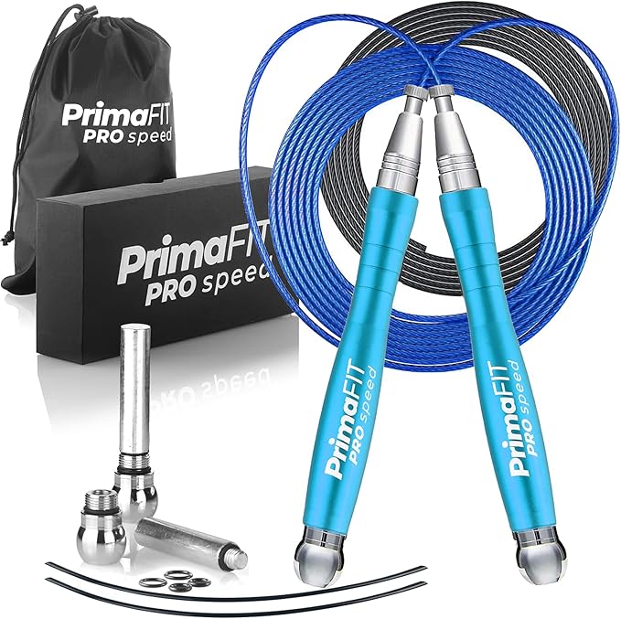 PrimaFIT Jump Rope Pro Speed Skipping Rope Adjustable Adult Jumping Rope Weighted Aluminium Handles for Double Dutch Boxing Workout Crossfit Exercise Fitness Spare Cable Weights Protectors Carry Bag