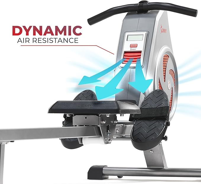 Sunny Health & Fitness Air Strive Smart Rower, Full-Body Training Rowing Machine with Spacious Inseam, Flip-Up Design for Home Gym, Free SunnyFit App Connection, Optional Dual Resistance