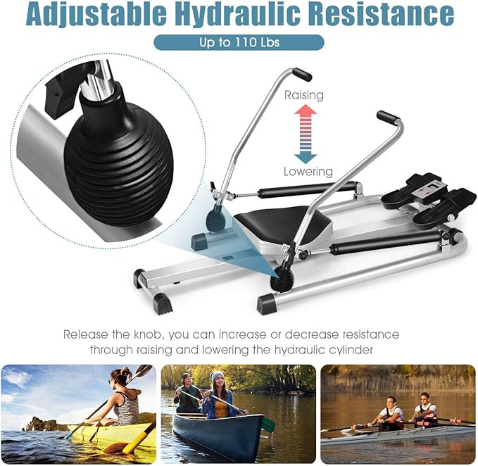 GYMAX Rowing Machine for Home, 265LBS Weight Capacity Hydraulic Rowing Machine with Adjustable Cylinder Resistance up to 110lbs & LCD Monitor, Compact Full Motion Rower for at Home Exercise