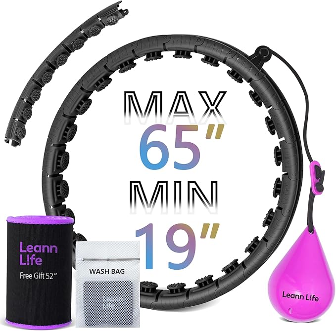 U2 Black-32 Knots 19”- 65”, Detachable & Size Adjustable Weighted Hula Hoop for Kids Adults Weight Loss, Infinity Hoop Plus Size, Abdominal Toner,5 Color Balls, Free Waist Trimmer&Wash Bag