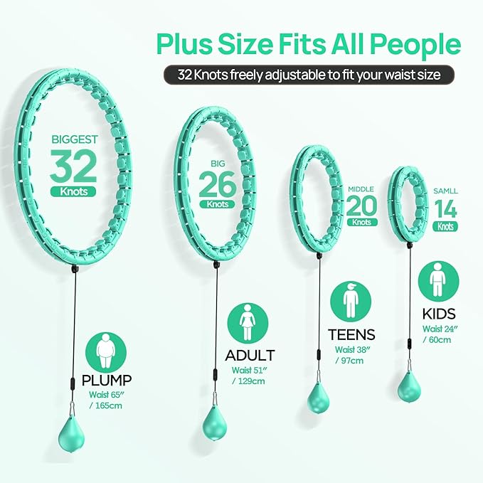 Weighted Exercise Hoop Plus Size, 32 Detachable Knots for Adults & Beginners, 2 in 1 Abdomen Fitness Massage Non Fall Smart Hooola Hoop with Auto Spinning Ball