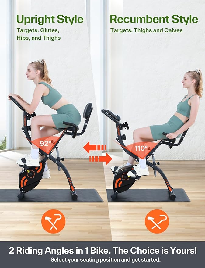 Sportneer Foldable Exercise Bike Stationary Bike, 4 in 1 Indoor Cycling Bike with 16 Level Magnetic Resistance Training Bike with Arm Resistance Band PVC Floor Mat Fitness Bike for Home Gym Workout