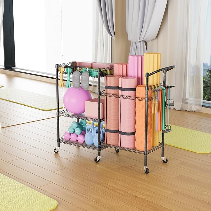 SINGAYE Dumbbell Rack Stand With Yoga Mat Storage, Gym Equipment Organizer, Cart for Workout Room, Home Gym With Hooks and Wheels