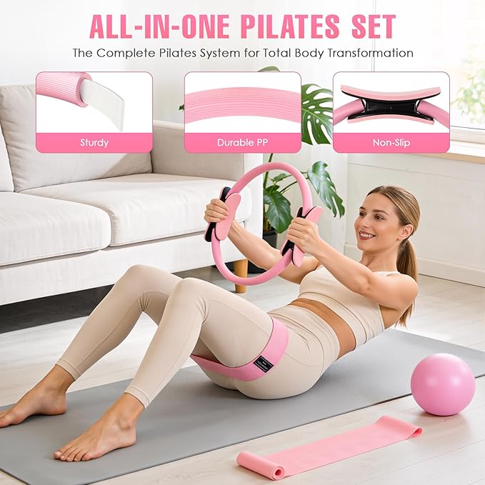Pilates Equipment, Pilates Kit for Home Workouts, Home Pilates Essentials Kit for Women with Pilates Ring and Ball Set, Socks, ankle resistance bands with cuffs, Resistance Band and Massage ball...