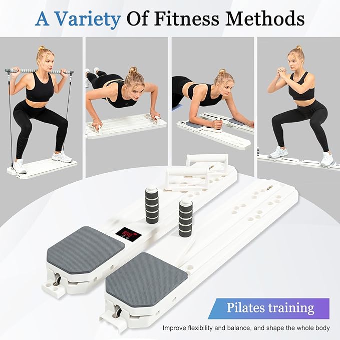 Pilates Reformer Board, 12-in-1 Portable Pilates Board for Home Workout, Core & Abs Toning, Full Body Sculpting Equipment, Pink / White