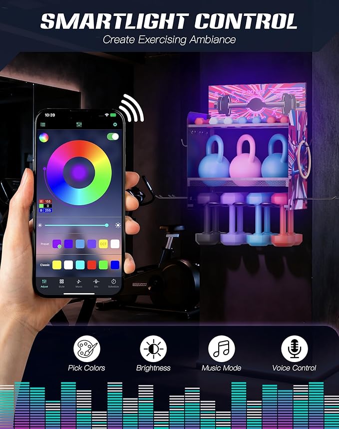 Dumbbell Rack with APP-Controlled LED Lights, Weight Rack for Home Gym Storage, Modern Perforated Wall-Mounted Organizer for Dumbbells, Weight Plates & Accessories, Space Saving