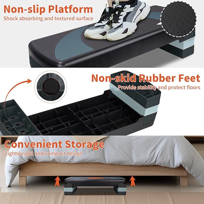 Aerobic Step Platform Exercise Step with 3 levels Adjustable Height Non-Slip Exercise Stepper for Cardio, Strength, and Fitness Workouts at Home or Gym