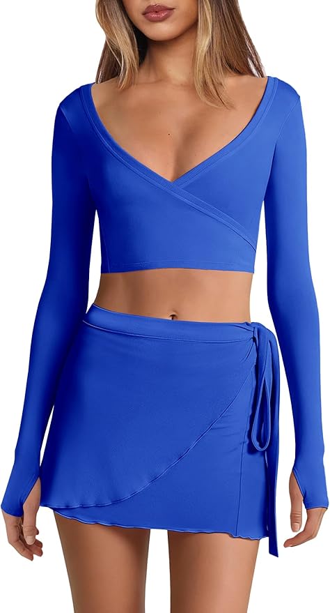 Nirovien Womens 2 Piece Workout Sets Sexy Pilates Outfits Athletic Gym Yoga Sets Ballet Wrap Top and Skirt