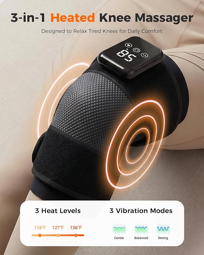 3-in-1 Knee Massager for Pain Relief with Heat, Portable Heated Knee Brace with Extension Strap for Knee, Elbow & Shoulder, Cordless Rechargeable Electric Massagers for Joint Comfort (Pair)