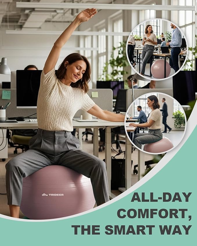 Trideer Exercise Ball for Office Desk, Yoga Ball Chair to Relieve Back Pain, Stability & Fitness Ball Seat with Base, Home Gym Core Workout, Abs, Stretching & Therapy