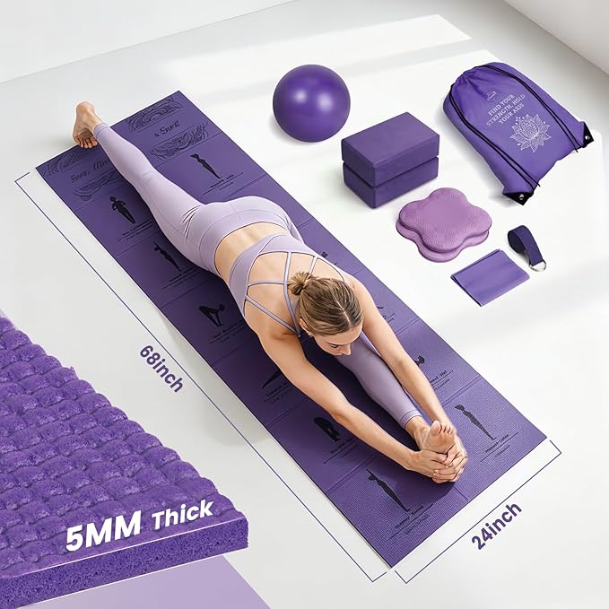 Foldable Yoga Mat and Blocks Set for Women with 2 Pack Yoga Blocks and Strap,Thin Non Slip Pilates Mat with Bag, Home Workout Equipment Essentials Starter Kit for Beginners Full Body Toning