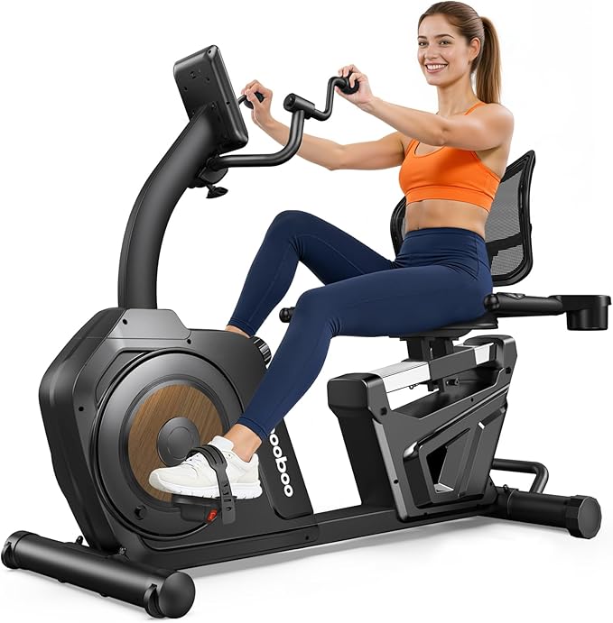 pooboo Recumbent Exercise Bike, Stationary Bikes for Home with Arm Exerciser, Magnetic Recumbent Bike with Ergonomic Backrest & Comfortable Seat, Smart APP, Pulse Sensor, 400LBS Weight Capacity