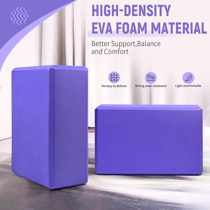 Yoga Blocks 2 Pack 9x6x3 Inches, Sturdy Foam Yoga Block, Premium EVA, Non Slip High Density for Pilates Meditation, Stretching and Toning
