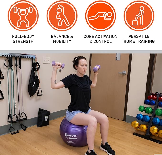 Body Sport Exercise Ball with Pump for Home, Gym, Balance, Stability, Pilates, Core Strength, Stretching, Yoga, Fitness Facilities, Desk Chairs